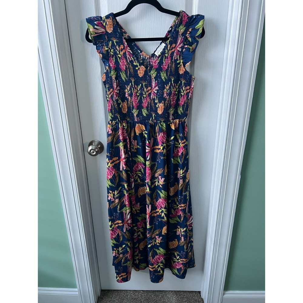 Melloday Womens Dress Blue Floral Maxi Smocked Short Sleeve Coquette Size XS